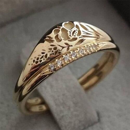 Elegant Women Gold Color Carved Flower Rings Anniversary Birthday Party Mother Gifts Bride Engagement Ring Set Wedding Jewelry