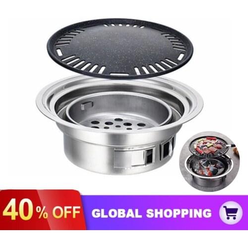 Stainless Steel Korean Charcoal Barbecue Grill Round Non-stick Barbecue Grills Portable Charcoal Grill for Outdoor Camping BBQ