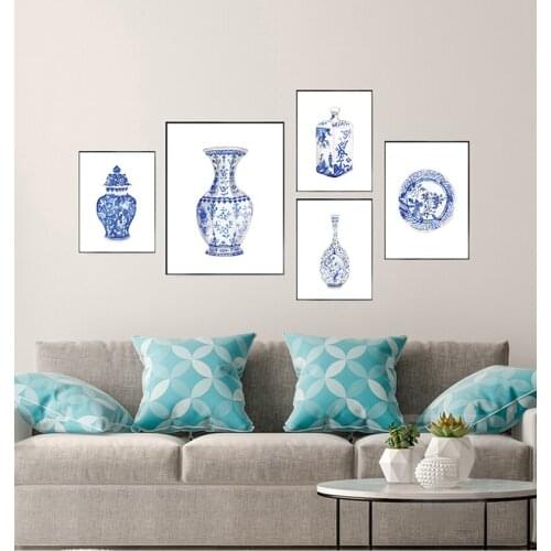 Canvas Painting Eastern Art Poster Wall Art Decor Watercolor Chinoiserie Vases Prints Ming Porcelain Blue and White China Art