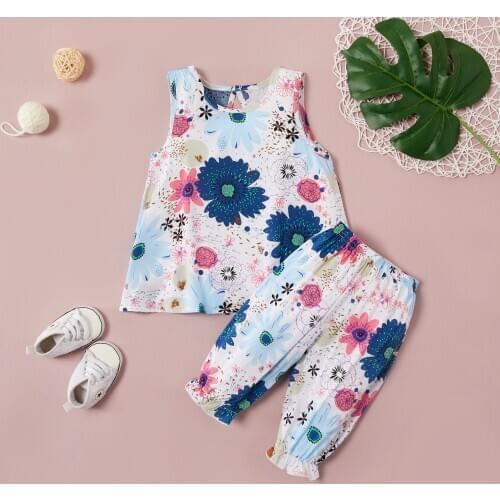 Toddler Girl Clothes Set Flower Printing Girl Outfit Vest Top +Print Shorts Pants Two-Piece Suit Summer Girl Clothing Set