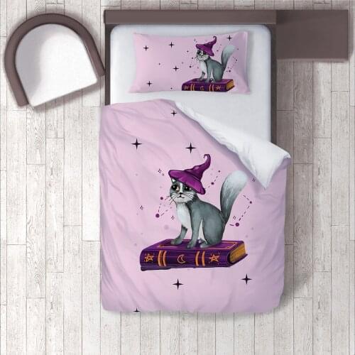 Duvet Cover Set Bedding Set Pillow Case for Baby and Kids Room 3D Printed Powder Pink Cat Hat Book Model 281