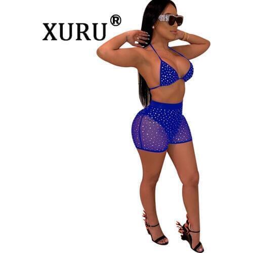 XURU summer new best womens sequins jumpsuit two-piece perspective hollow mesh gauze jumpsuit party nightclub sexy jumpsuit