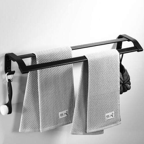 Matt Black Towel Double Bar Towel Rack Wall Mounted Space Aluminum 2 Bar with Hook Bathroom Rack Bath Accessories