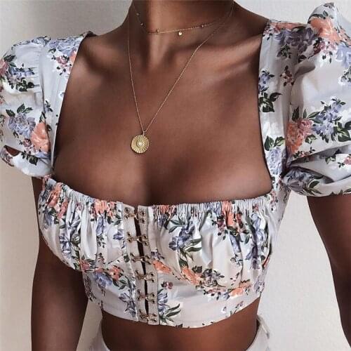 Fashion Vintage Floral Print Square Collar Puff Sleeve Hooks Sexy Blouses Shirts Women Tops 2019 Shirts Summer Top