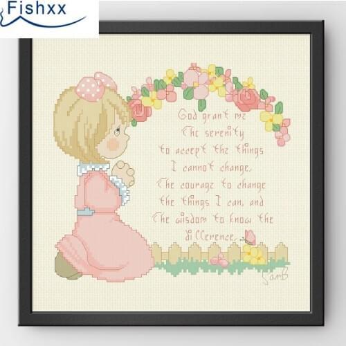 Fishxx Cross Stitch 14CT Kit European style childrens bedroom paintings H103 Prayer girl pattern floral alphabet DIY