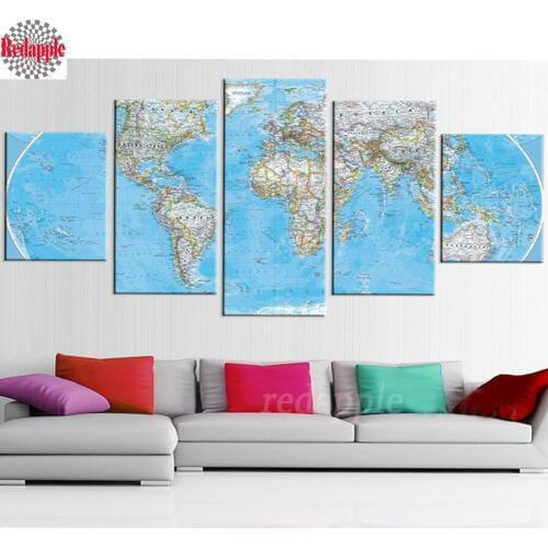 Wall Art World Map Full Square/Round Diamond Paintings cross stitch 5 panel set diy diamond embroidery mosaic rhinestone picture