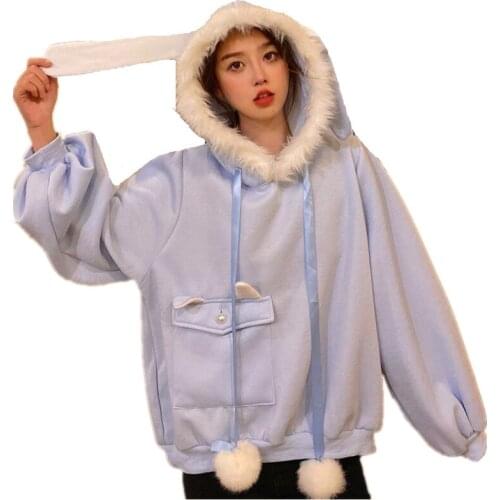 Kawaii Hoodies Women Furry Hooded Sweatshirt Plush Ball Drawstring Harajuku Cute Rabbit Ears Outwear Envelope Pocket Streetwear