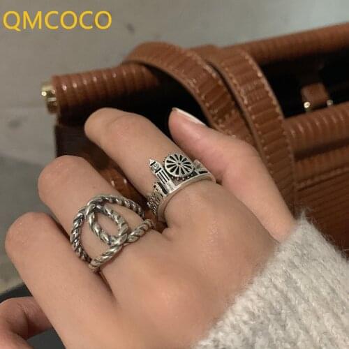 QMCOCO 925 Sterling Silver Finger Rings INS Fashion Creative Castle Hollow Cross Geometric Vintage Punk Party Jewelry For Women