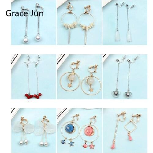GRACE JUN High-grade Copper Enamel Pearl Stone Clip on Earrings Charm Fashion Party Bridal No Pierced Earrings Factory Wholesale