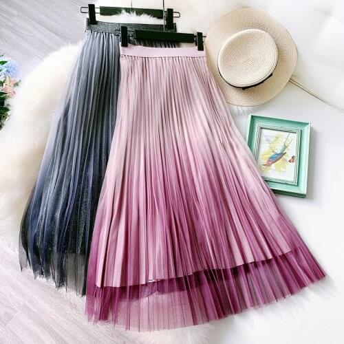2021 New Bright silk Gradient maxi tulle skirt elegant long pleated a line skirts womens blue gray purple summer arrival