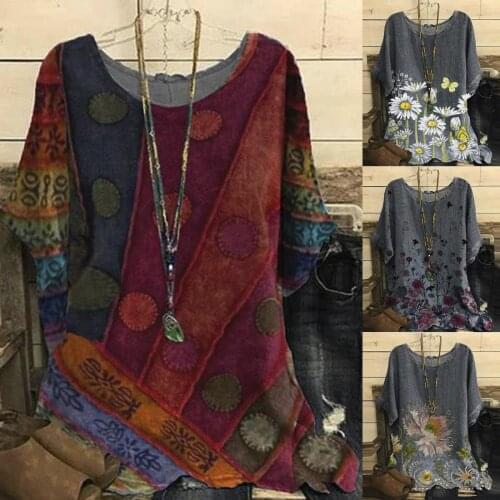 Women Round Neck Long Sleeves T-Shirt Sleeve Floral Print Loose Plus Size Cotton Irregular Pullover Womens Y2K Tops Vintage