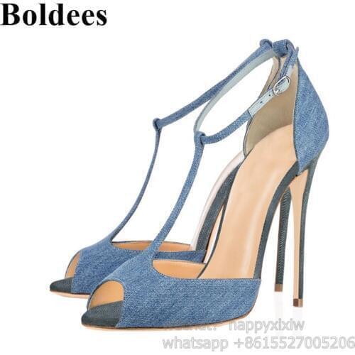Concise Designer Peep Toe Blue Jeans Thin High Heel Dress Shoes Women Summer Party Ankle Wrap Pumps Shoe