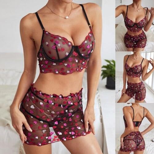 Women Plus Size Lingerie Set Porno Love Heart Embroidery Print Bra Thong Skirt Sexy Lingerie Porno Sleepwear Underwear Lenceria