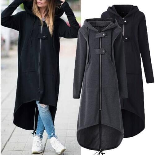 New Velvet Hooded Jacket Zipper Long Coat Women Black Dark Gray Trench Coat