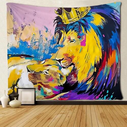 Animal King Lion Dad and Baby Oil Painting Custom Tapestries