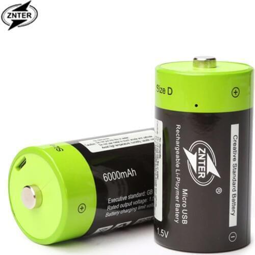ZNTER 2pcs 1.5V 6000mAh USB Rechargeable D Battery Recycle Multifunctional Charged Lithium Polymer Play And Plug