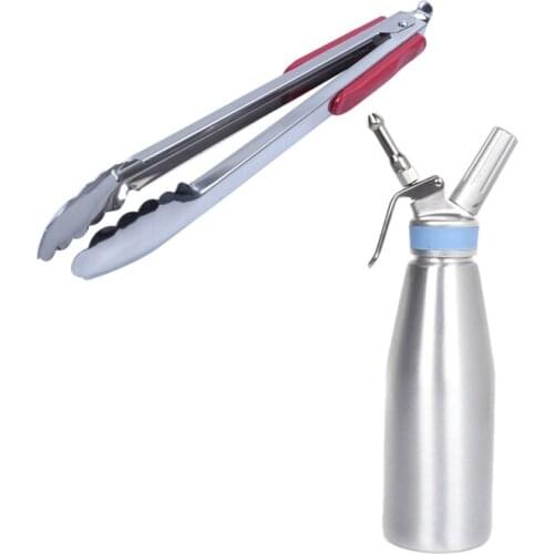 1 Pcs 14-Inch Stainless Steel Red BBQ Tongs & 1 Set Whipped Cream Dispenser 1000Ml Handheld Whipping Cream Maker