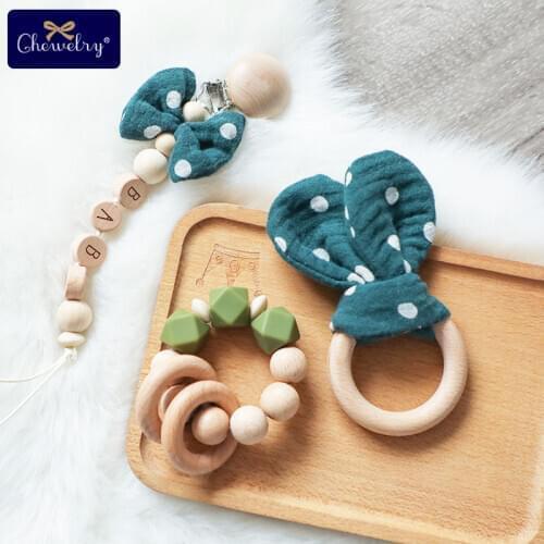 100%Cotton Baby Bibs Custom Name Pacifier Clips Chain Bunny Ear Teether Wooden Ring Saliva Scarf Towel For Kids Bracelet Toys