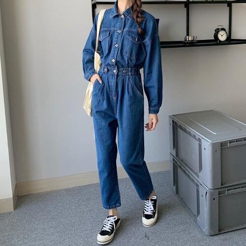 Spring Women Denim Jumpsuits Oversized Fashion Loose Wide Leg Cargo Pants Pockets Ladies Vintage Blue Playsuit Jump Suits Fall