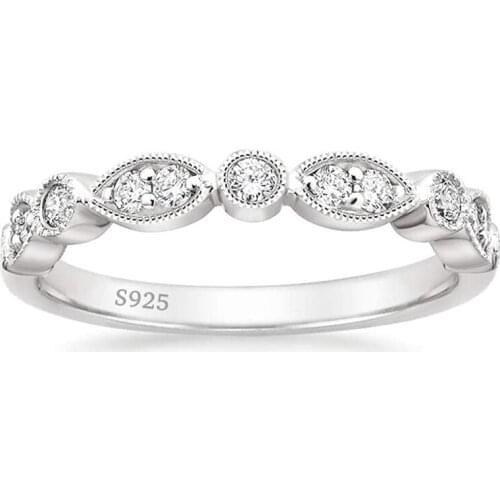 EAMTI 925 Sterling Silver Wedding Band for Women Cubic Zirconia Marquise & Round Milgrain Half Eternity Stackable Ring Size 5-10