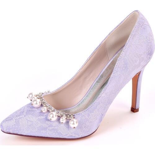 Elegant lace evening dress shoes pointed toe slip on lady heels with pearl crystal brooch bridal wedding prom quinceanera shoes