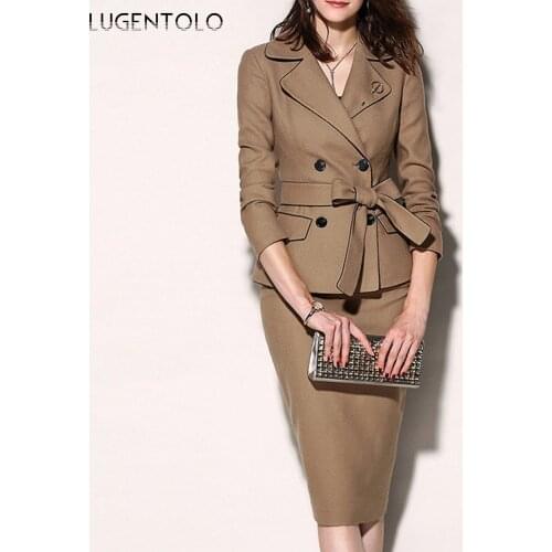 Elegant Two-piece Set Women Lapel Double Breasted Lace-up Bow Summer Suit Pencil Slim Midi Skirt Ladies Dress Sets Lugentolo