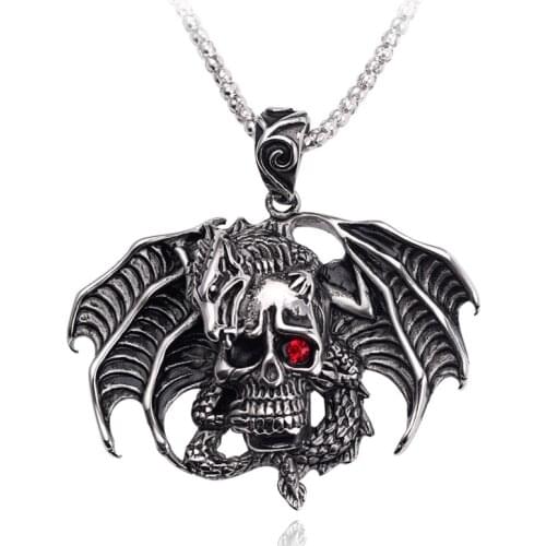 Gothic Retro Skeleton Skull Pendant Necklaces Punk Bat Wing Necklaces For Men Cool Leather Chain Statement Jewelry Accessories