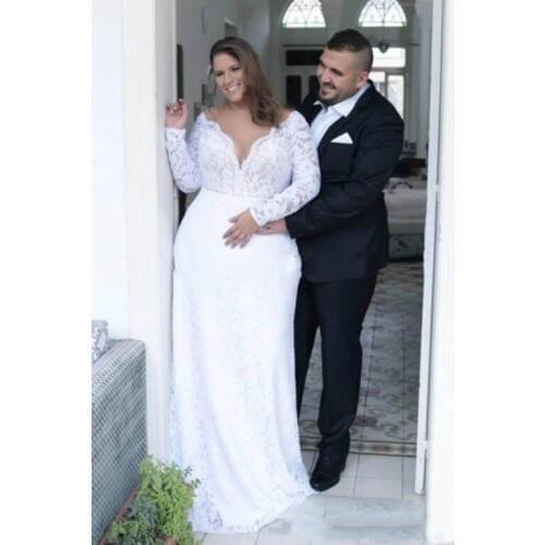 JIERUIZE 2019 Modest Wedding Dresses V Neck Long Sleeve Keyhole Back Lace Bridal Gowns Plus Size robe de mariée