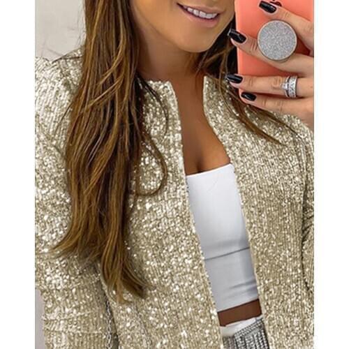 Fashion Vintage Streetwear Women Sparkling Sequins Open Stitch Jacket Wholesale Retro Femme O Neck Long Sleeve Outerwear