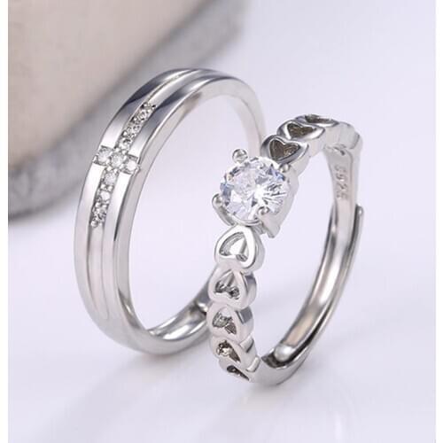 Fashion Couple Rings for lovers adjustable Romantic Crystal Heart Women Rings Simple Zircon Men Ring Wedding Band Silver Color