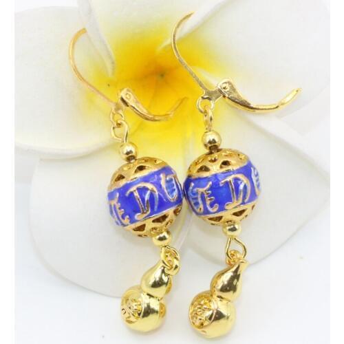 Fashion New Gold-color Gourd Cloisonne Women Girls Pierced Long Dangle Drop Earrings Gifts Handmade Jewelry B2588