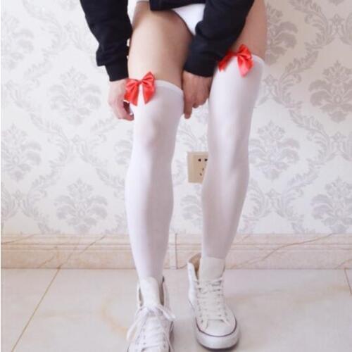 Shengrenmei Mens Sexy Tights Red Bow Stockings Solid Pantyhose Male Exotic Sex Lingerie Mens Gay Sissy Adult Fetish Man Stocking