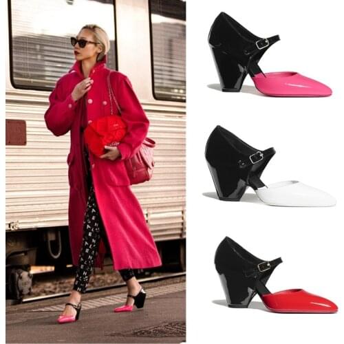New Fashion Buckle Pumps Women Mixed Colors Patent Leather High Heels Sexy Pointed Toe Shoes Women Fashion femmes chaussures