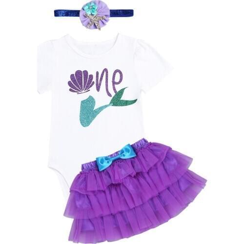 Newborn Infant Baby Girls Mermaid Outfit Cute Short Sleeve Baby Romper With Tutu Skirt And Headband 3Pcs Baby Girl Clothes Set