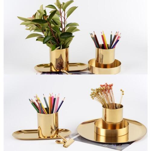 Organizer Golden Flower Vase Metal Round Pen Brush Holder Cup Container Desktop Organizer Home Decoration Pen Box