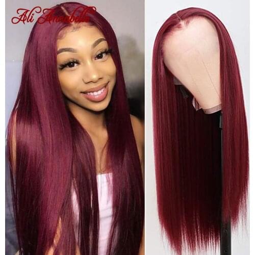 Ali Annabelle 4X4 Lace Closure Wig Burgundy 99j Lace Front Wig Pre Plucked Straight Human Hair Wigs Red Colored Lace Front Wigs