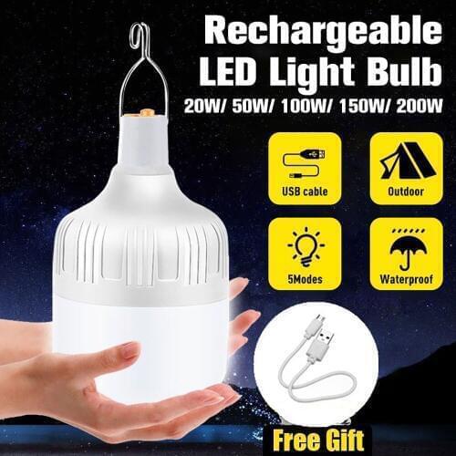 Rechargeable LED Light Bulb Emergency Lamp 20W/50W/100W/150W/200W Hanging Light 5 Light Mode Portable Light for Outdoor Camping