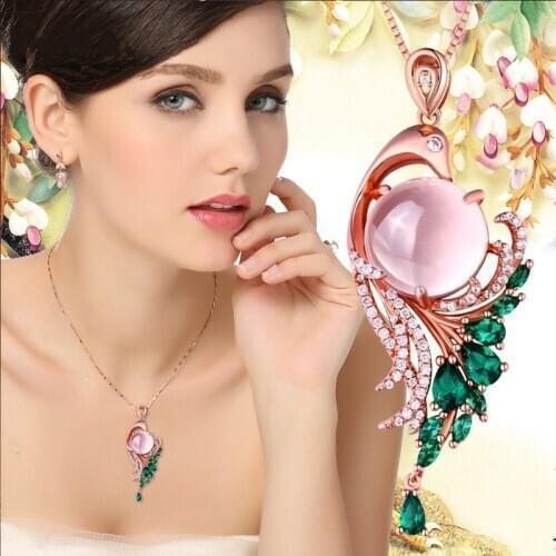Luxury Rose Gold Plated Phoenix Necklace Pink Gems White Green Zircon Bridal Necklace Wedding Band Banquet Jewelry Gifts