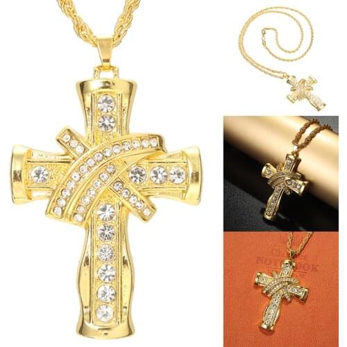 Luxury Crystal Cross Necklace Exquisite Rhinestone Long Chain Necklace Men Women Punk Hip Hop Jewelry Male Party Necklace