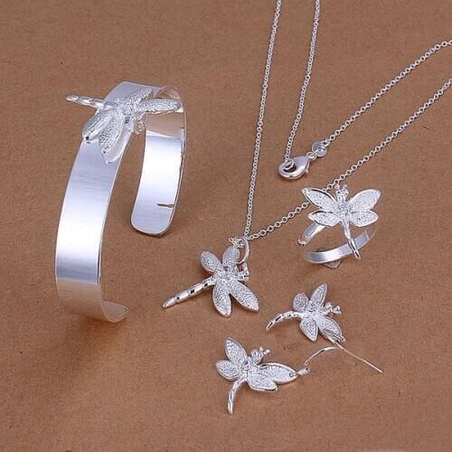 S276 Silver Color Lovely Jewelry Sets Silver Cheap Jewelry Inlaid Dragonfly Drop Earrings Bangle Necklace Fashion Jewelry
