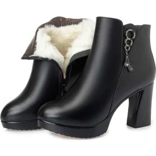 Wool Women High Heel Snow Boots Fur Warm Genuine Leather Plush Shoes Ankle Boots Thick Bottom Platform Women Winter Boots