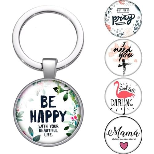 BE HAPPY Blessed Mama bear pray words glass cabochon keychain Bag Car key Rings Holder silver plated key chains Men Women Gifts