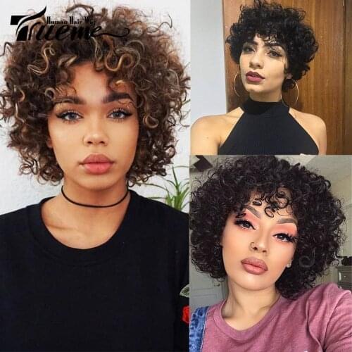 Trueme Short Loose Curly Human Hair Wigs 100% Brazilian Remy Hair Full Wig For Women Ombre Mix Red Brown Blonde Cheap Wigs