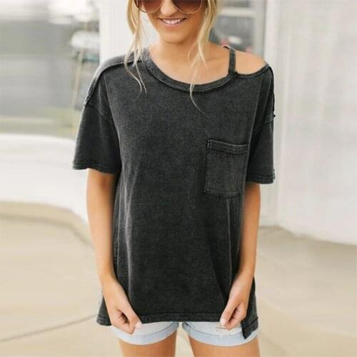 Off-shoulder Summer Round Neck Pocket Solid Color Casual Shirt Short Sleeve Loose Womens T-shirt 2021 Ladies Streetwear