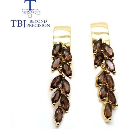 TBJ,Simple natural smoky mq 3*6mm gemstone earrings for everyday wear women 925 sterling silver fashion jewelry