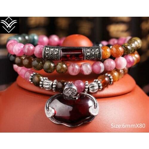 Multi Colour Natural Tourmaline Cystal 925 Silver Long Life Lock Female Buddha Beaded Bracelet