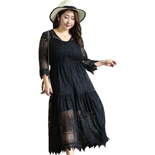 Plus size 4XL Lace dress two pieces sets women 2018 summer fashion casual black long lace dress and Strap dress sets IOQRCJV1828
