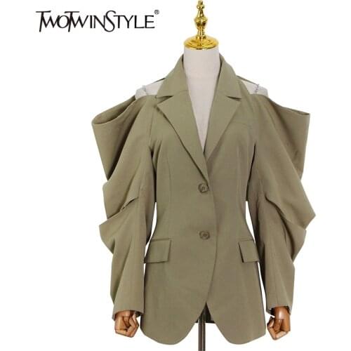 TWOTWINSTYLE Solid Fold Pleated Women Coat Notched Long Sleeve Gathered Waist Cut Out Womens Blazer 2021 Fashion Clothing New