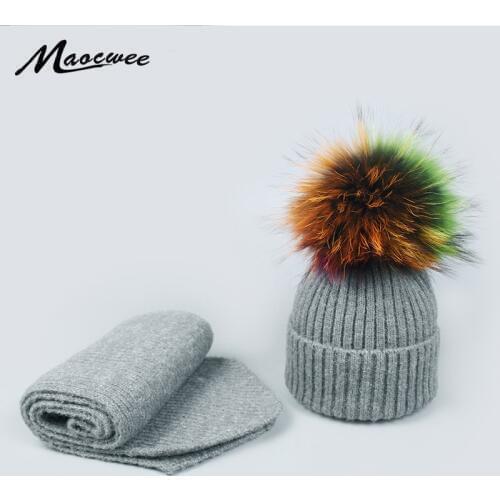 Winter Knitted Wool Hats Scarf for Women Colorful Pompon Beanies Fur Hat Female Warm Caps With Natural Genuine Raccoon Fur Cap