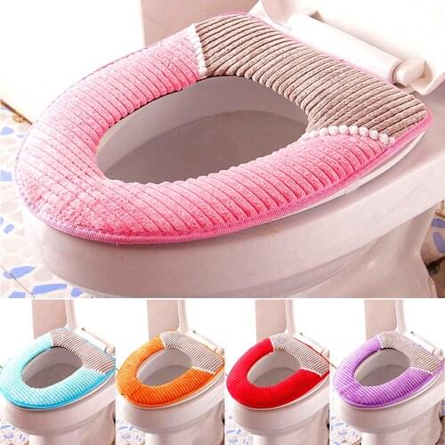1Pcs Warm Padded Toilet Seat Corduroy Autumn and Winter Waterproof PU Stripe Seat Pad Sticky Thick Toilet Pad